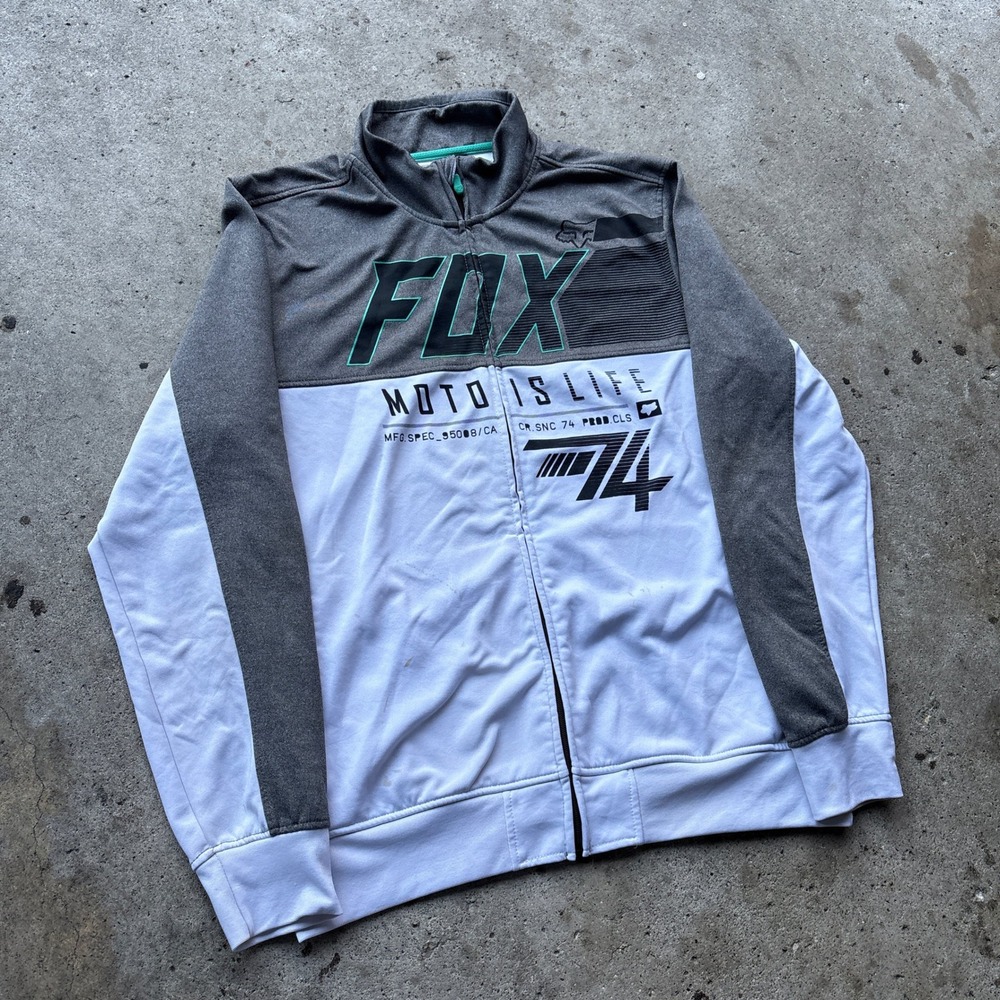 Fox Racing Moto Is Life 74 Full Zip Track Jacket Mens XL Gray White Moto